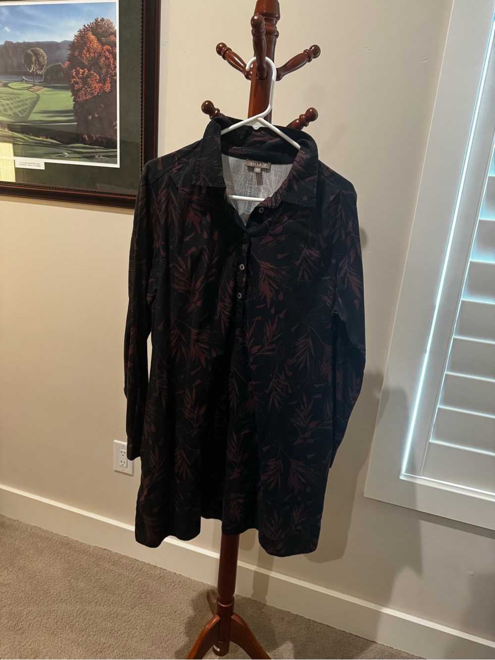 Lilla P Black Tunic Dress with Brown Leaf Print